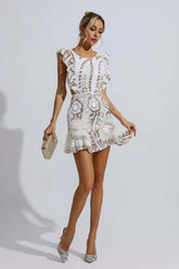 Sarai White Ruffle Floral Cutout Mini Dress